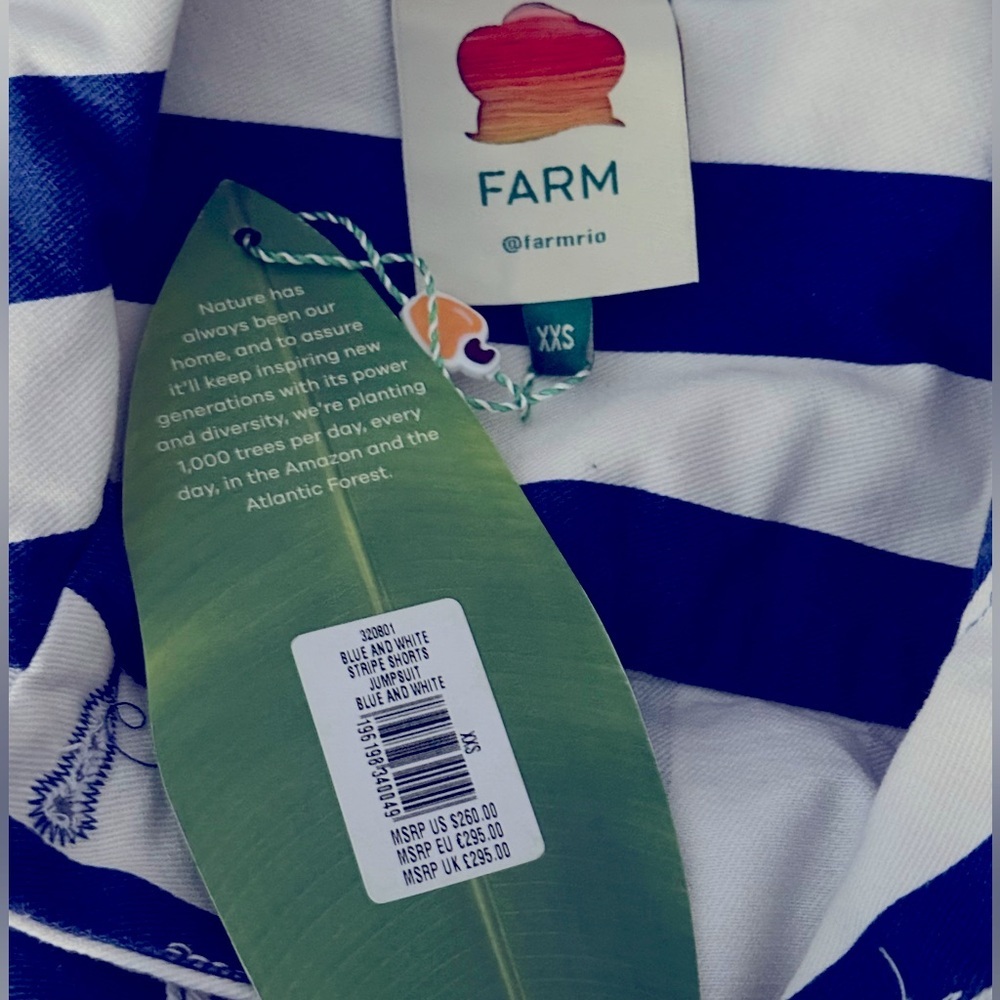 NWT FARM Rio Women’s Blue and White Striped Printed Romper Jumpsuit Tie Belt XXS - Picture 16 of 16